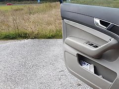 Crossdresser in nylons and heels cums during roadtrip
