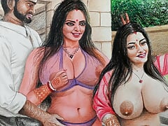 Erotic Art or Drawing of a Sexy Desi Indian Woman on Honeymoon with Husband & Girlfriend