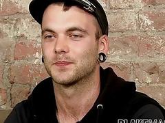 Jock strips naked during an interview and jerks off solo