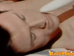 Pretty male sucks dick during vintage MMF threesome