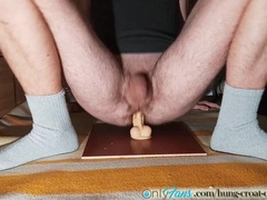 Jizm flying while railing large faux-cocks