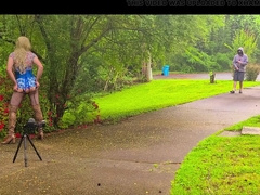 Big faux milk cans crossdresser behind-the-episodes photoshoot in public gettting caught