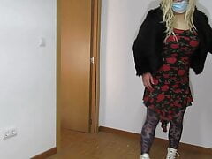 Trying on my flowered dress and boots, crossdressing happy