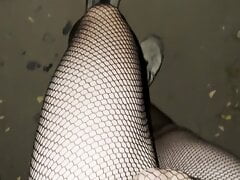 Night walking in pantyhose close road teen boy flash no pants