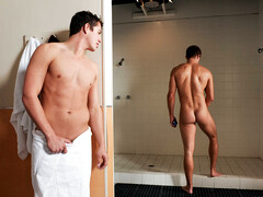 Sporty lads share the shower for nude intimacy and sex