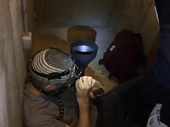 Used as an urinal in a basement