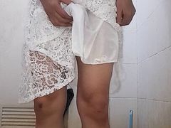 Crossdresser Wearing White Dress And Cum