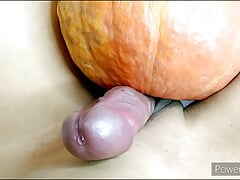 Hands-free pumpkin masturbation cream pie on stomach