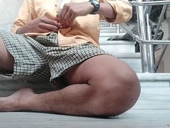 Horny guy Pakinoon loves stroking his big black cock upstairs, moaning loudly while cumming excessively