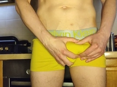 Stud jerks off his huge 20-centimeter cock and cums in the kitchen