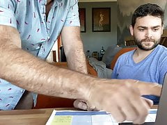 Hairy Dad lets cute boy use his computer