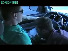 Boys in the car on the street jerking blowing and cumming