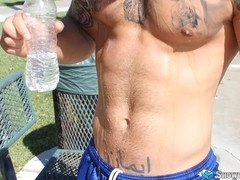 Vadim Black takes his buddy's rock-hard dick in the shower and swallows it all