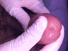 Uncut cock close up precum and cumshot with latex gloves slowmo at the end