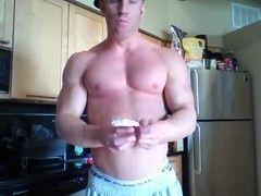 Kitchen session with muscle-bound Johnny V showing off his bodybuilding skills