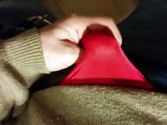 Jerking off in red panties at work