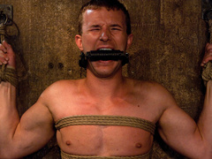 Helpless bound sub gets sucked off and clothespin'd