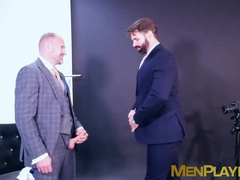Suited Dani Robles sucks and rides the uncut cock of model D DanÂ 