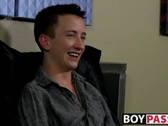 Charming young man interviewed before dildoing his ass