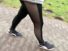 Walking in Leggings and black Nylon