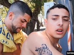 Super naughty Uriel Simon gets to enjoy a handjob from his driver Fer Froma's huge cock