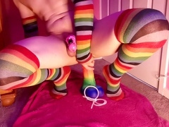 Young gay sissy femboy caged and riding XL anal toys for solo pleasure