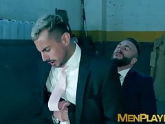 Blindfolded businessman Dani Rivera sucked dildo and fucked