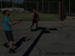 Playful jocks hide for a quick blowjob and anal drilling