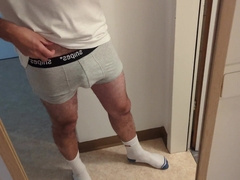 crazy stud in white socks jerking off his jizz-shotgun, noisy yelling