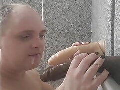 Double dildo deep throating