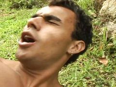 Super well built soldier nibbles his pretty gardener from behind and thrusts his gorgeous strapon in his tight hole