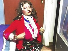 Crossdresser jerking and showing new look around.