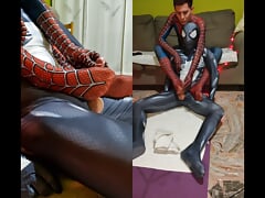 Spiderman and Venom give each other a footjob from behind