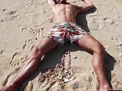 Muscle jock threesome and cumshot