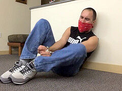 Cleave gagged, gay scruffy guy, sweating