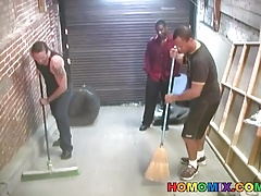 Two black janitors fucking a white guy in the ass