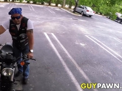 Straight biker rides cock for cash in the pawnshop