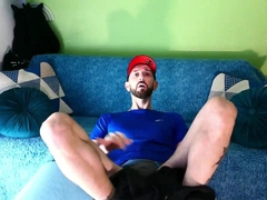 Masturbating off my meaty schlong and burst a phat jizm on bed - white socks on