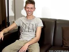 Young UK twink Lloyd Adams masturbates after an interview