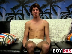 Skinny dude takes his undies off and wanks after interview