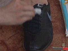 Shoe fucking solo twink tugs his cock