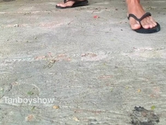 Bare ambling on the beach and onanism in front of fisherman