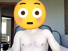 Toned boy flexes his biceps and cums hands free