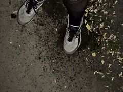 Night walking in pantyhose close road teen boy flash no pants