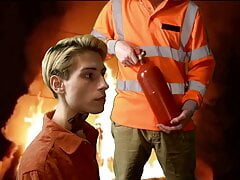 Fireman put out the fire with sperm