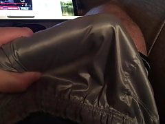 Rubbing my cock in shiny slick nylon satin grey shorts