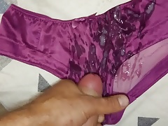 Cum over Purple satin knickers