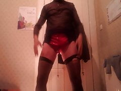 Rubber wank cross dressing, PVC fun.