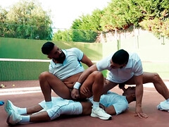 Tennis players have a threesome after their practice