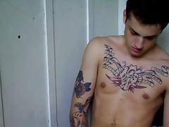 Tattooed twink jerks off and gets fucked